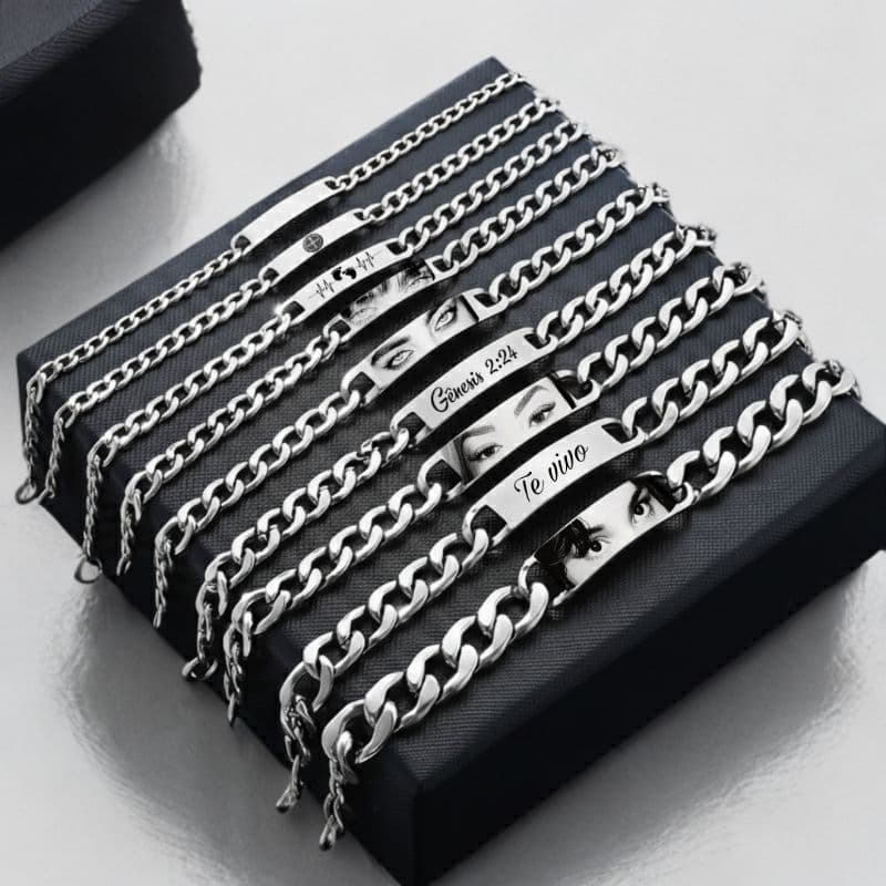 Pulseira Bracelete Aço Inox Prata ou Dourado Personalizado Foto Olhar Masculino Feminino Namorados