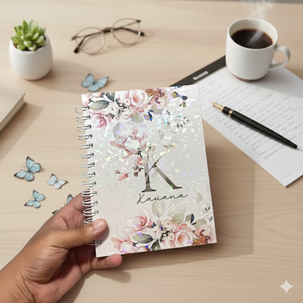 Caderno Personalizado Floral com Nome | Capa Fosca ou Holográfica | Miolo Decorado