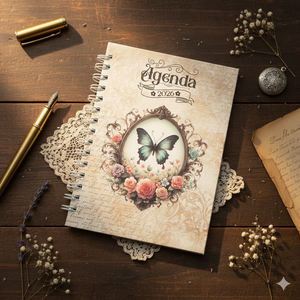 Agenda 2026 Vintage Personalizada – 2 Dias por Página | Wire-O Branco ou Dourado - NOME NO CHAT