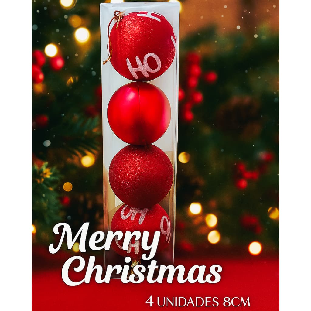 Kit 4 Bolas de Natal Nº8Cm Glitter Fosca  Alta Qualidade e Brilho Festivo Bola HOHOHO Vermelha Prata