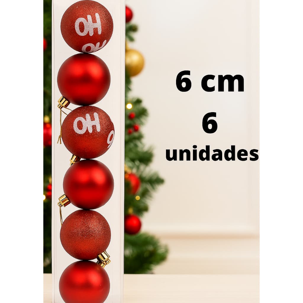 Kit 6 Bolas de Natal Nº6 com Glitter e Fosca  Alta Qualidade e Brilho Festivo HOHOHO Vermelha Prata