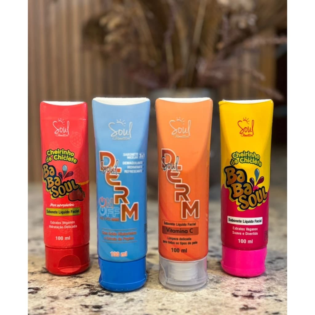 kIT 04 Sabonetes Facial Liquido Babasoul  - Vitamina C - ON/OFF - Morango - Demaquilante Babasoul