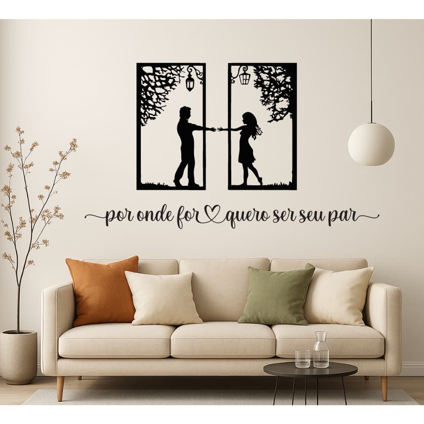 Quadro Casal Cabeceira + Frase Por onde for quero ser seu par Mdf Decorativo  Premium
