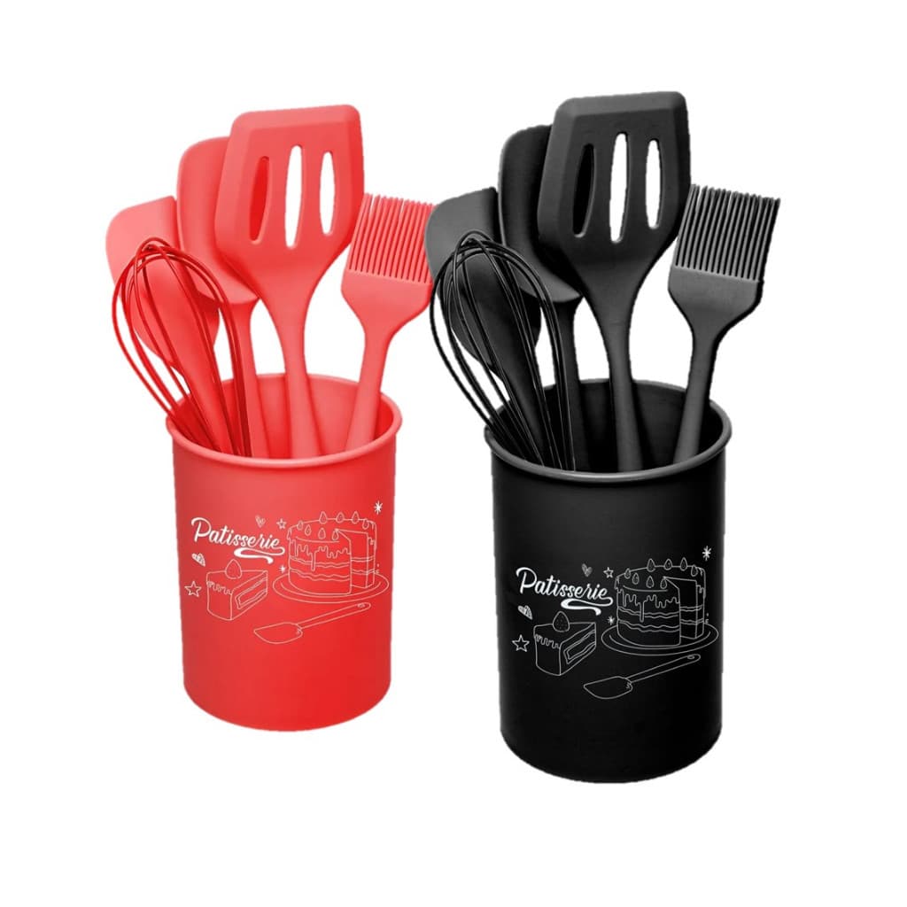 Conjunto de Utensílios de Silicone com Suporte 6 peças Organizador Preto Vermelho Lyor