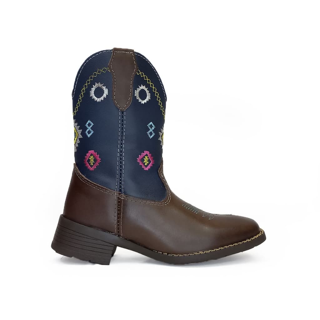 Bota Texana Infantil Feminina Kapell com Bordado Floral Azul Em Couro Marrom Bico quadrado