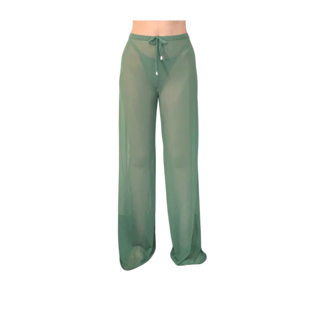 Calça em Malha de Tule Saída de Praia Verão Moda Praia Linhas Tropicais Verde