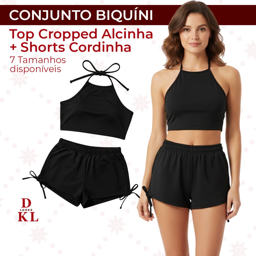 Conjunto Biquíni Top Croped Alcinha + Shorts Cordinha Lateral Sunquini Juvenil ao G3