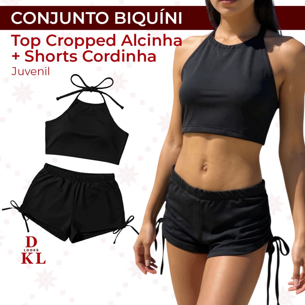 Conjunto Infantil  Biquíni Top Alcinha Cropped Juvenil  Shorts Cordinha Lateral Sunquíni