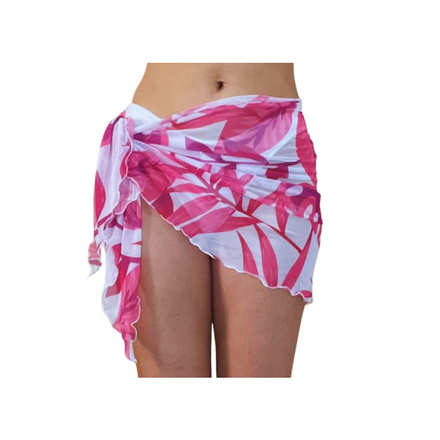 Canga em Malha de Tule Saída de Praia Verão Moda Praia Linhas Tropicais Folhagem Rosa