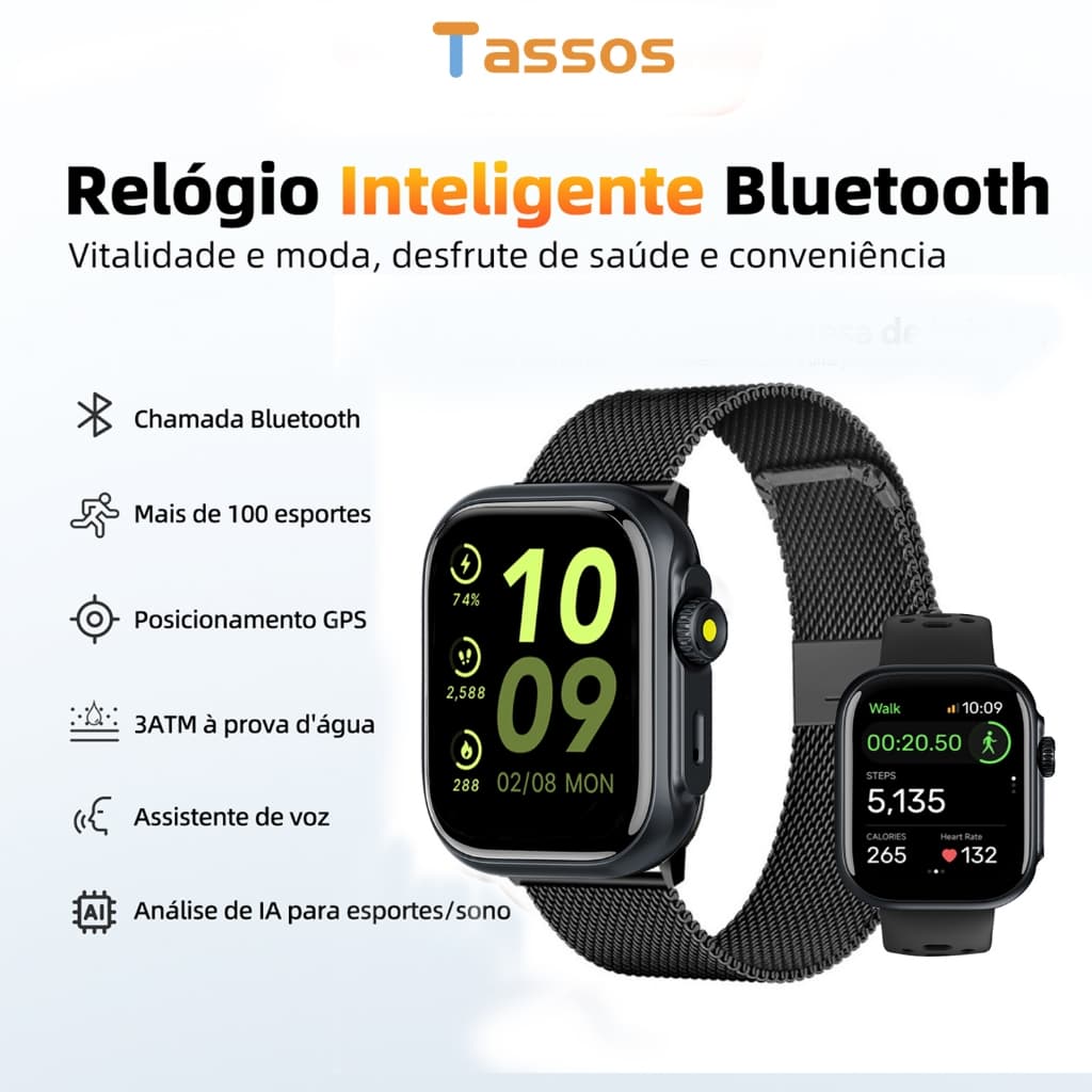 TASSOS Relogio Masculino Smartwatch Alexa Bluetooth Call GPS 1,85 polegadas pulseira de malha magnética 3ATM