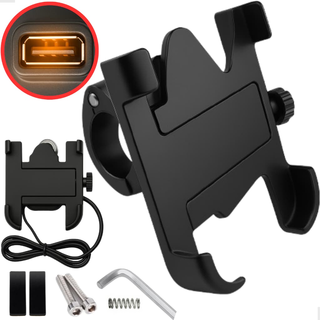 Suporte Celular Moto Usb Carregador Alumínio Resistente 360 Com Porta USB para Recarregamento Barato