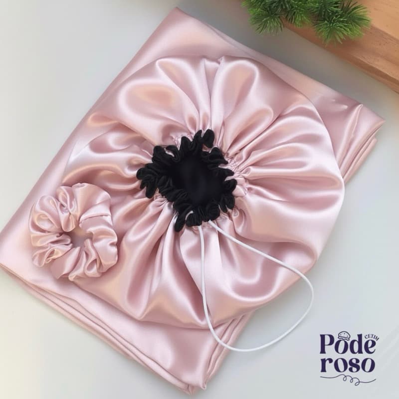 Kit de Cetim Premium | Touca Ajustável Dupla Face + Fronha + Scrunchie Antifrizz