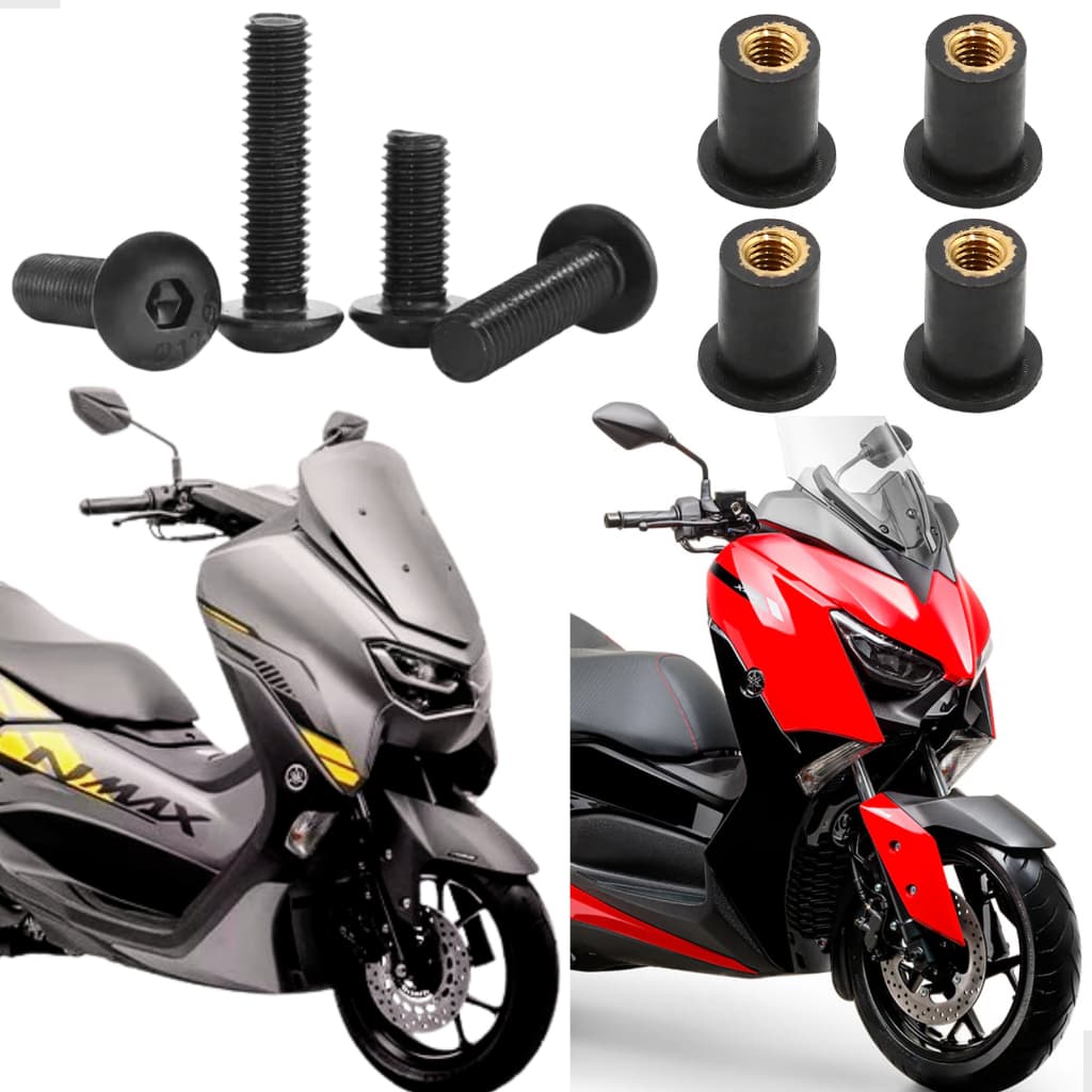 Kit 4x Parafusos Metal Preto + 4x Bucha Bolha Nmax Xmax 250 Yamaha Buchas Parabrisa Parafuso Metal