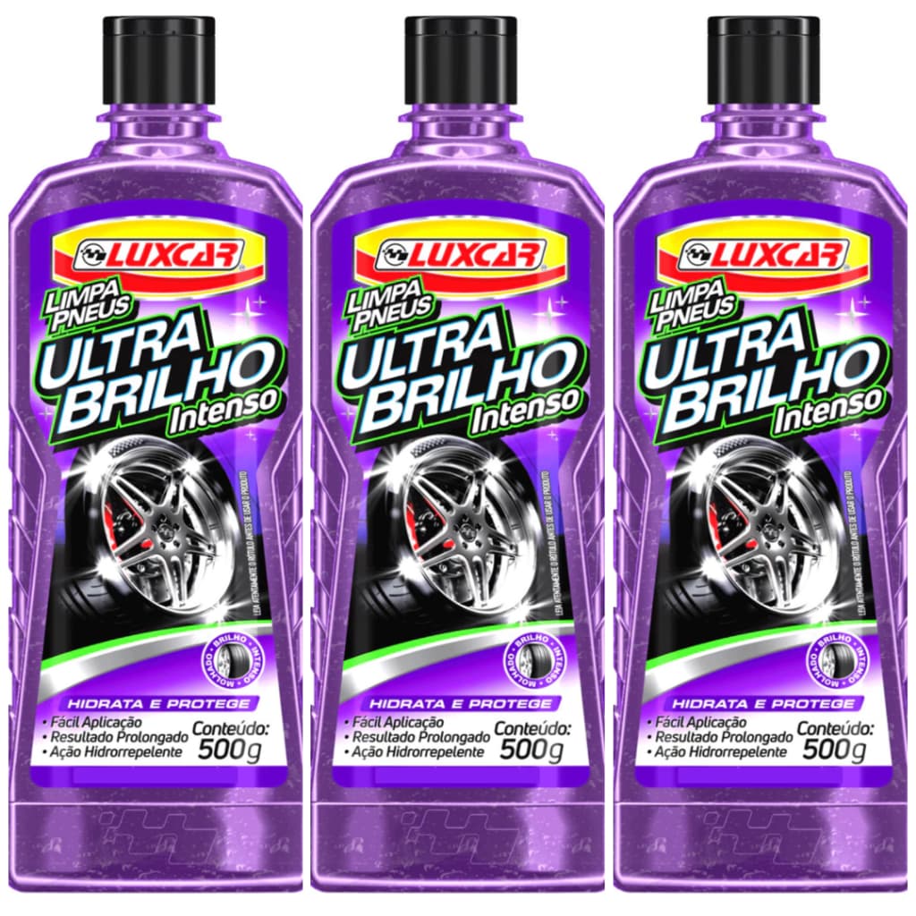 Kit com 3 Luxcar Limpa Pneus Pretinho Ultra Brilho Intenso 500g cada - Pneus Pretos Brilhantes e Protegidos