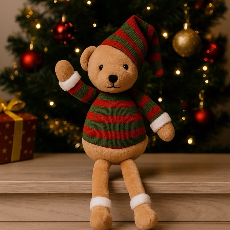 Urso de Pelúcia Natalino 20cm com Cachecol Listrado – Enfeite Decorativo para Árvore de Natal
