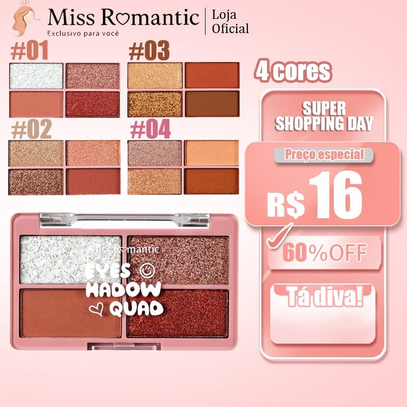 Paleta de Sombras Miss Romantic – 4 Cores Matte e Brilhantes 🌸 Alta Pigmentação, Longa Duração e Fácil de Esfumar