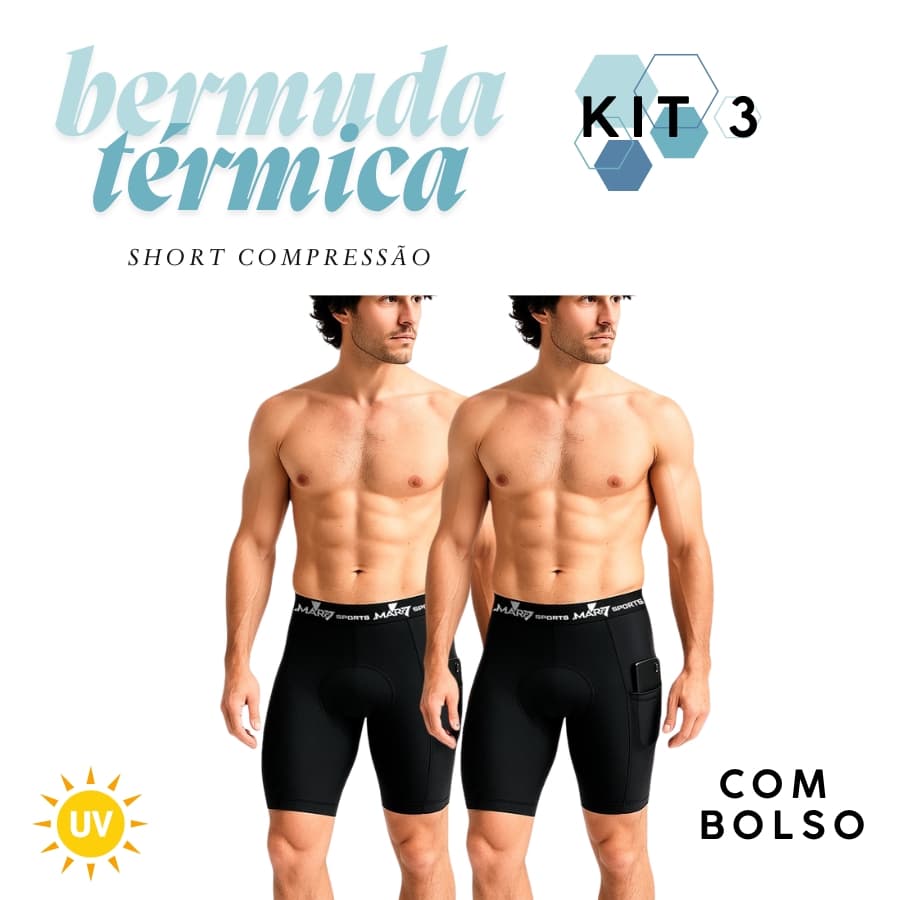 Kit 3 Shorts de Compressão Masculino com Bolso Lateral Academia Corrida Fitness