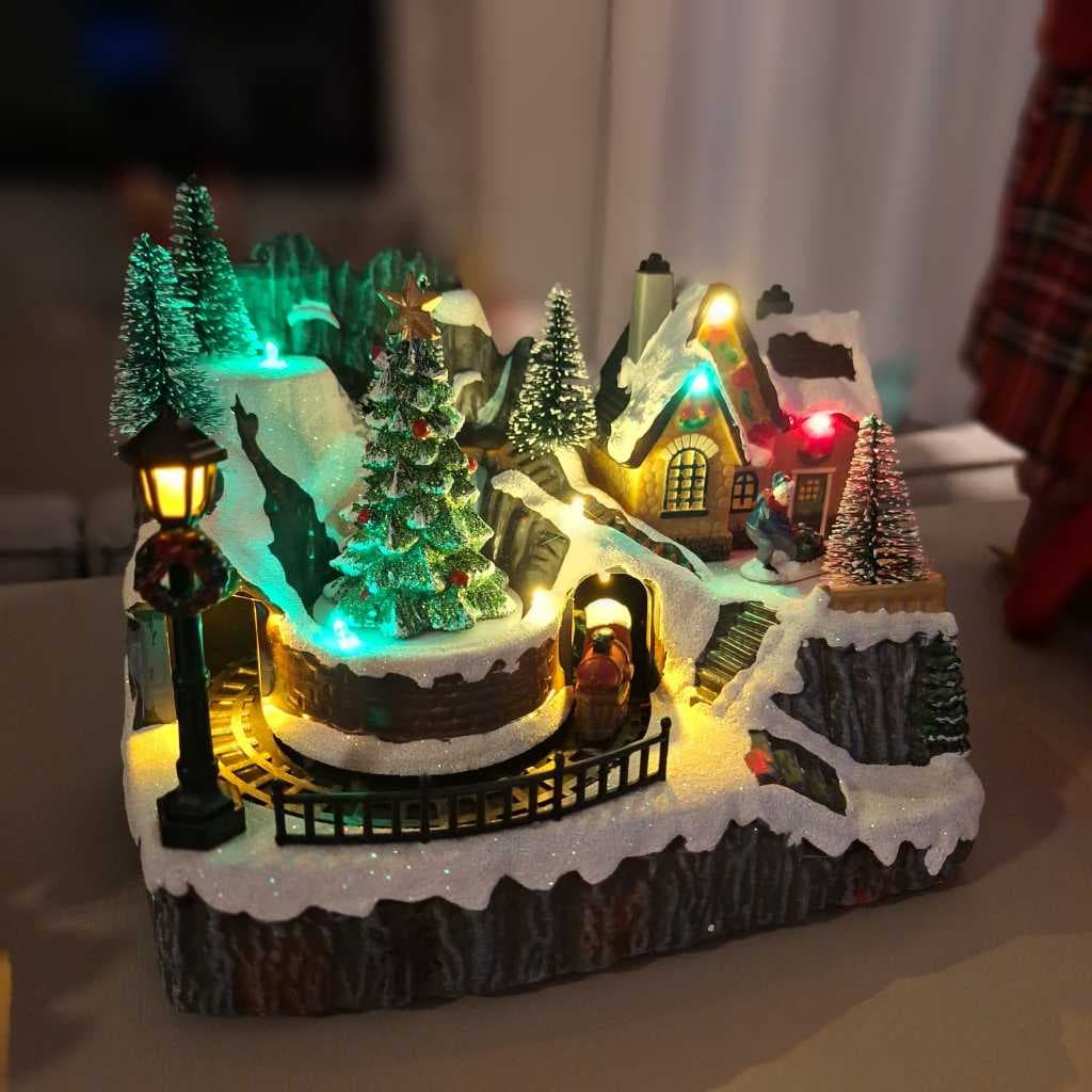Enfeite de natal, vila natalina, luz e som, trenzinho gira, a pilha ou energia, perfeita para o natal, 1 unidade.