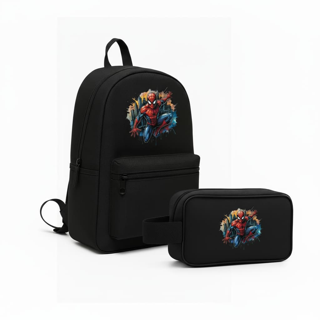 Mochila Preta Homem Aranha + Estojo Kit Escolar Completo Material Forte Costura Reforçada