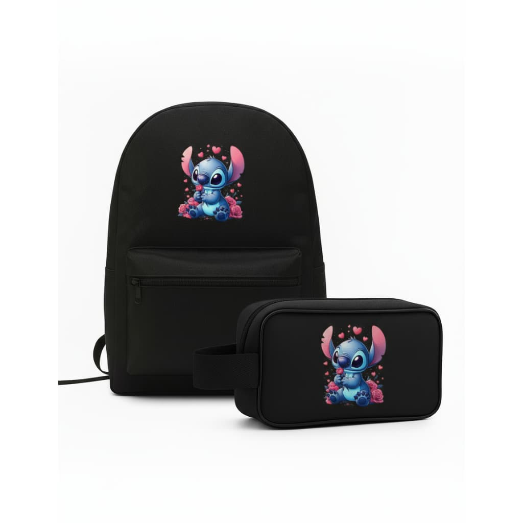 Kit Mochila Stitch com Estojo Infantil Juvenil Feminino Masculino Escolar Reforçada