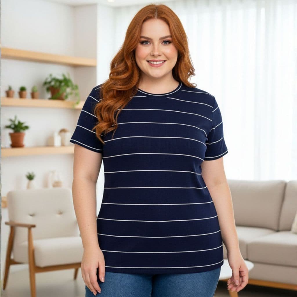 Blusa Feminina Plus Size Viscose Listrada Casual Básica Canelada