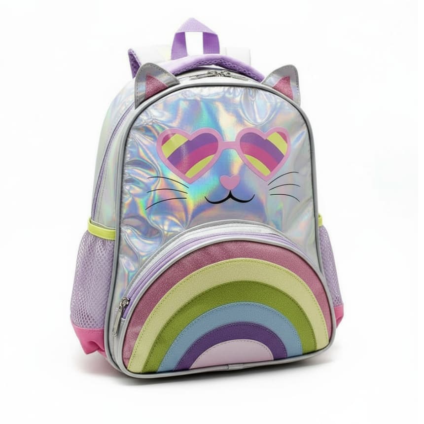 Mochila de Costas Infantil para Creche Gatinha Holográfica Modelo Lindo
