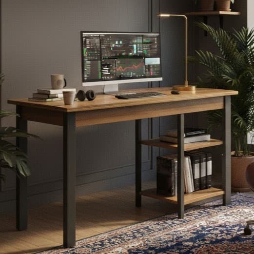 Mesa Industrial para Home Office com 2 Prateleiras Multiuso - Estrutura de Madeira