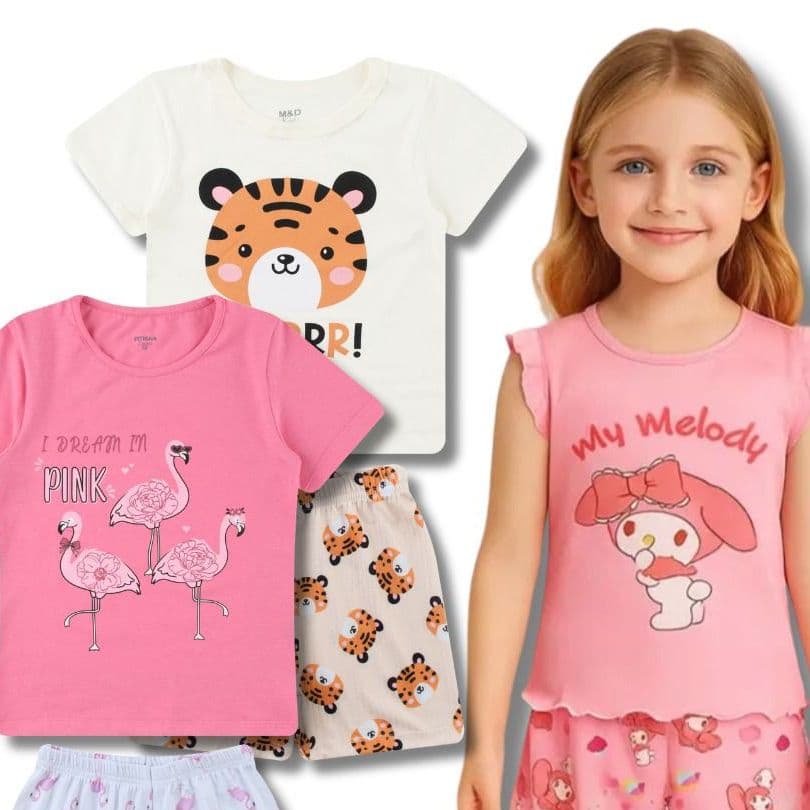 Kit 2 e 6 Peças Conjuntos Sortidos Pijama Infantil Feminino Menina Juvenil Camiseta + Shorts Verão