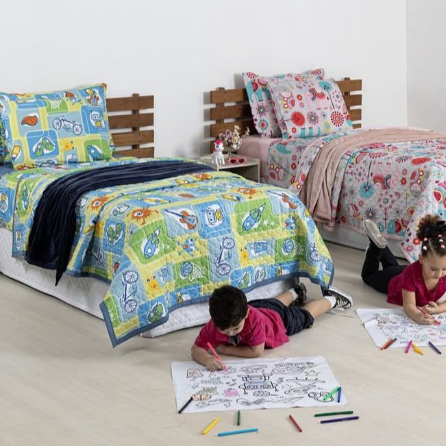 Cobre Leito 4 Peças Colcha Brincar de Colorir Estampado Solteiro