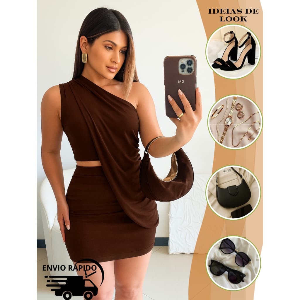 Conjunto Feminino Vestido Curto Colado Suplex Premium Elegante Nula Manca Moda Gringa Festa Balada