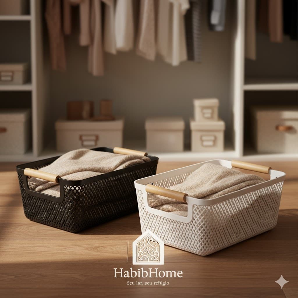Cesto Organizadores com Alça de Bambu – Preto e Branco | Design Premium HabibHome