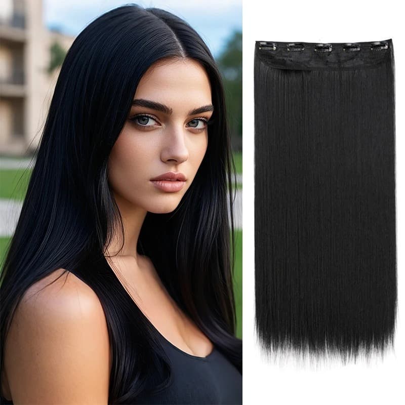 Extensão de Cabelo Preto em Fibra Orgânica Wig Liso Com Aplique Tic Tac Para Volume