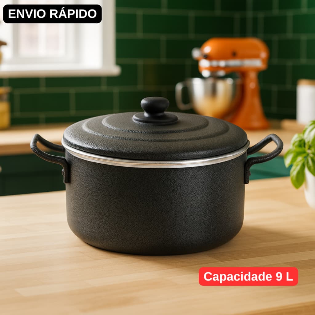 CAÇAROLA PLUS N30 10L COM TAMPA DE ALUMÍNIO, ALÇA DE ALUMÍNIO, SUPER GRANDE TAMANHO FAMILIA PRETO CRAQUEADO PINTADO