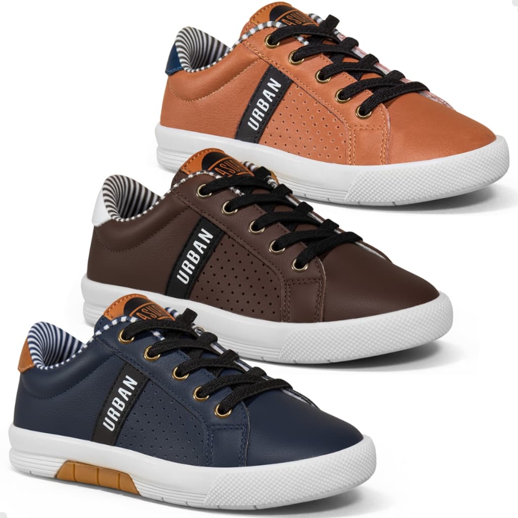 Tênis Masculino Infantil Casual Passeio Escolar Calce Fácil Confortável Café Azul Marinho e Caramelo
