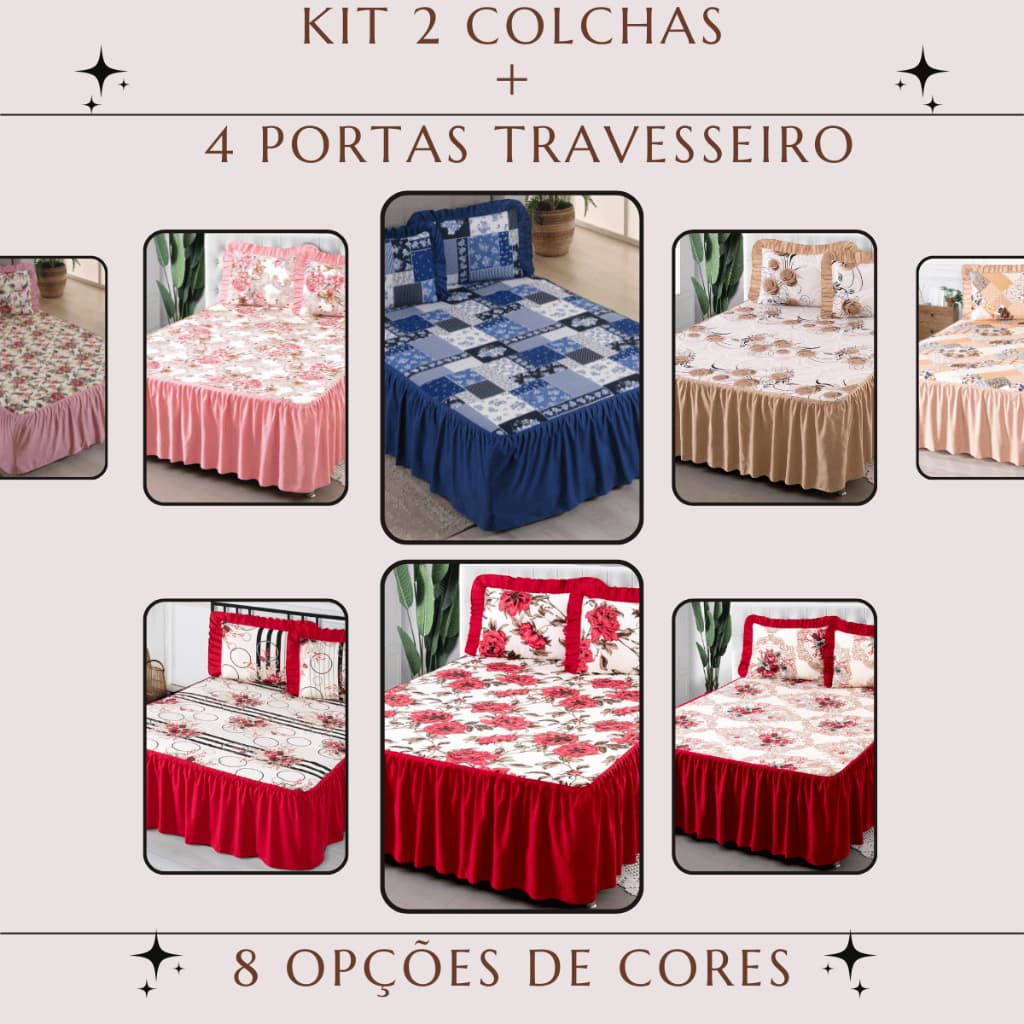 Kit 2 Colchas King com Babado + 4 Porta Travesseiro - Varias Estampas, Facil de colocar