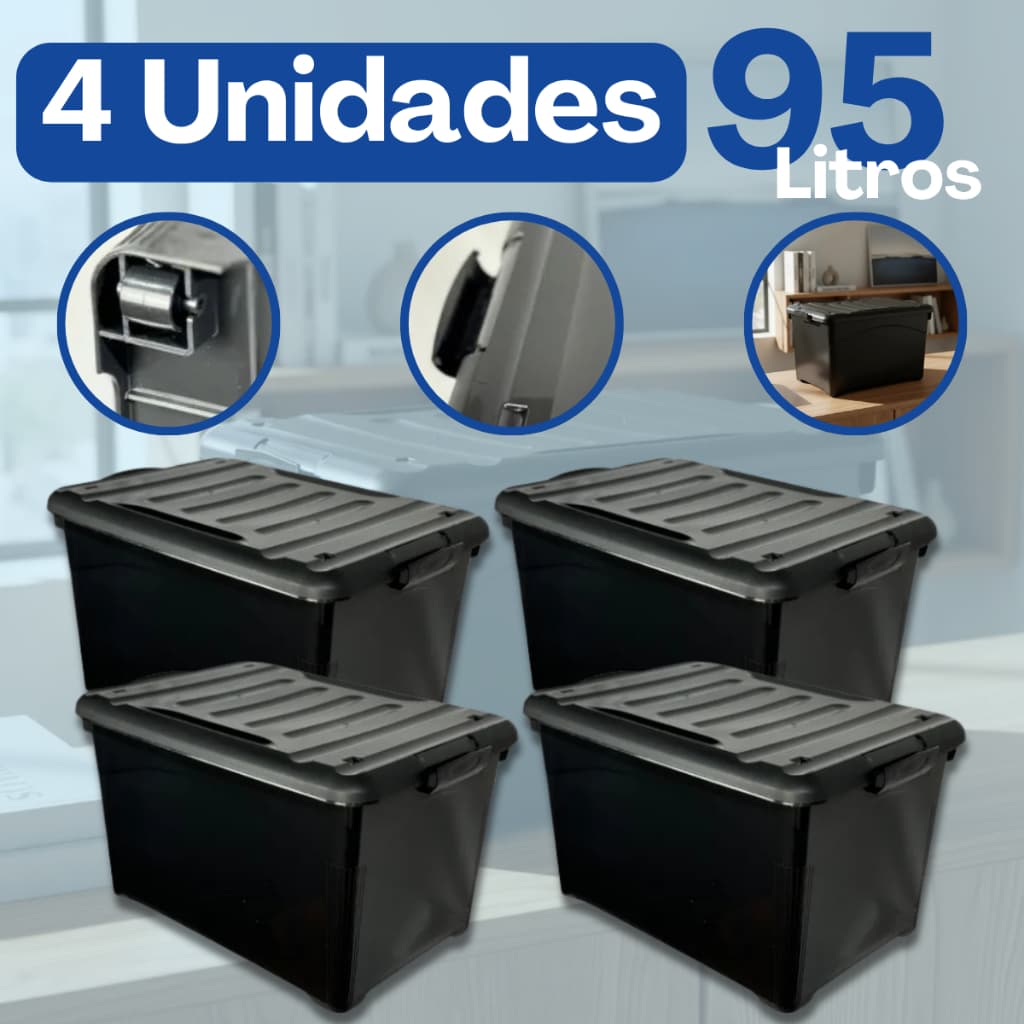 Kit Conjunto Com 4 Caixas Organizadoras 95 Litros Injeplastec Preta Plástica Multiuso Reforçadas
