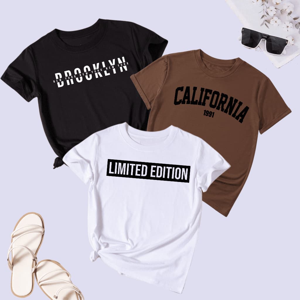 Camisetas Algodão Estampadas Kit c/3 Camisetas Streetwear preta-Brooklyn marrom-California1991 branca-LimitedEdition