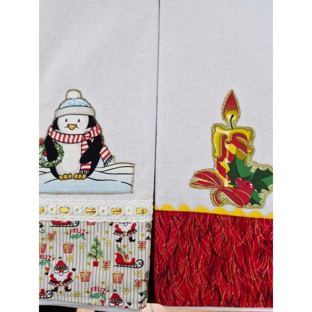 Pano de prato branco decorado com barrado e apliques em bordado patchwork 100%algodão