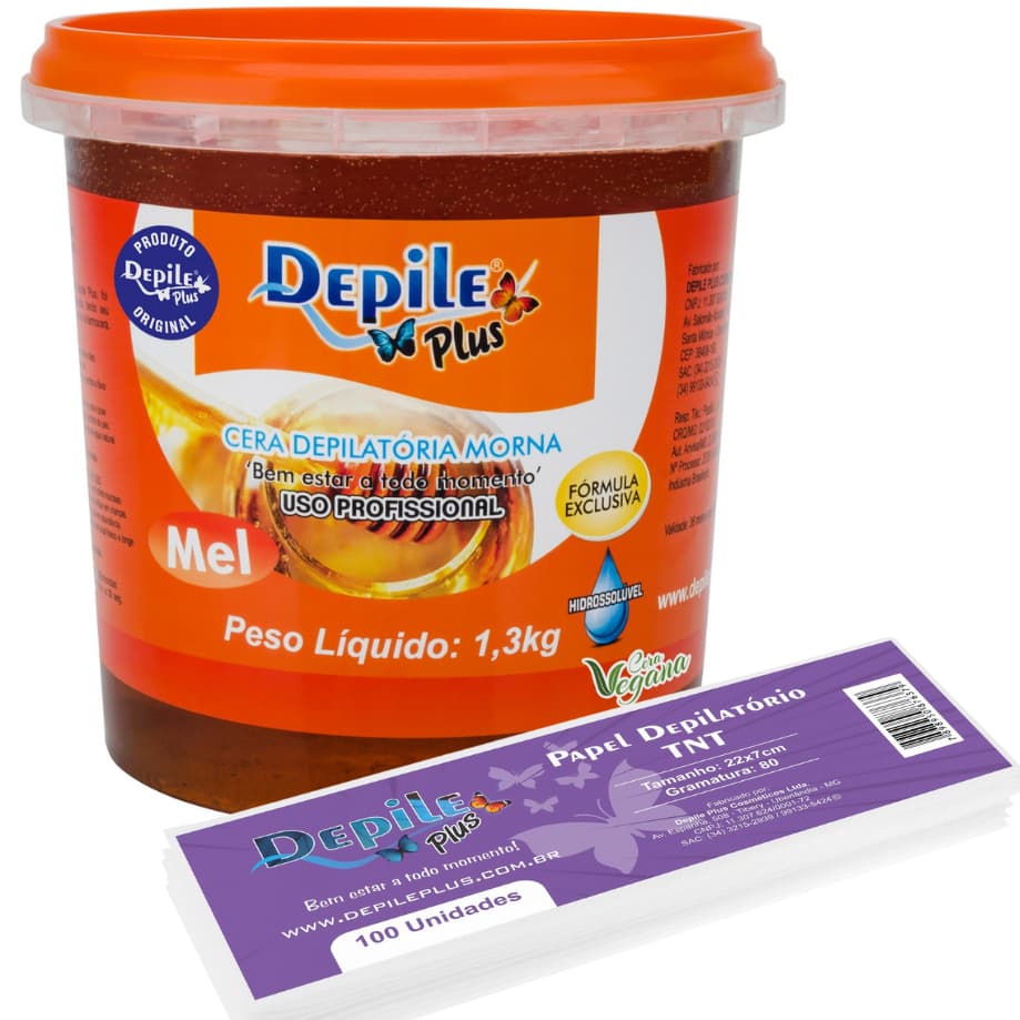 Kit Cera Depilatória Hidrossolúvel Mel 1,3kg+Papel para Depilação com 100 unidades Depile Plus