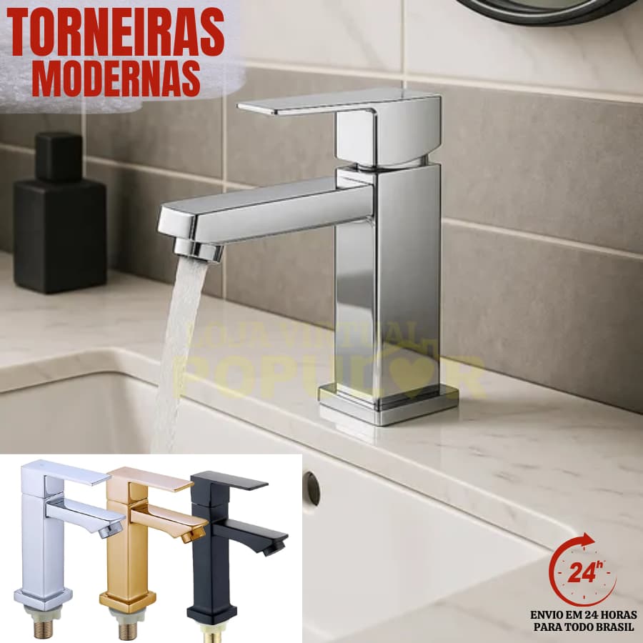 Torneira Banheiro Em Metal Bica Baixa Linha Premium Preta Inox Dourada