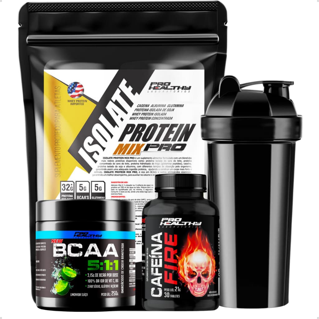 Whey Isolate 900g + Cafeina Fire + Bcaa 5:1:1 e Brinde Coqueteleira Pro Healthy