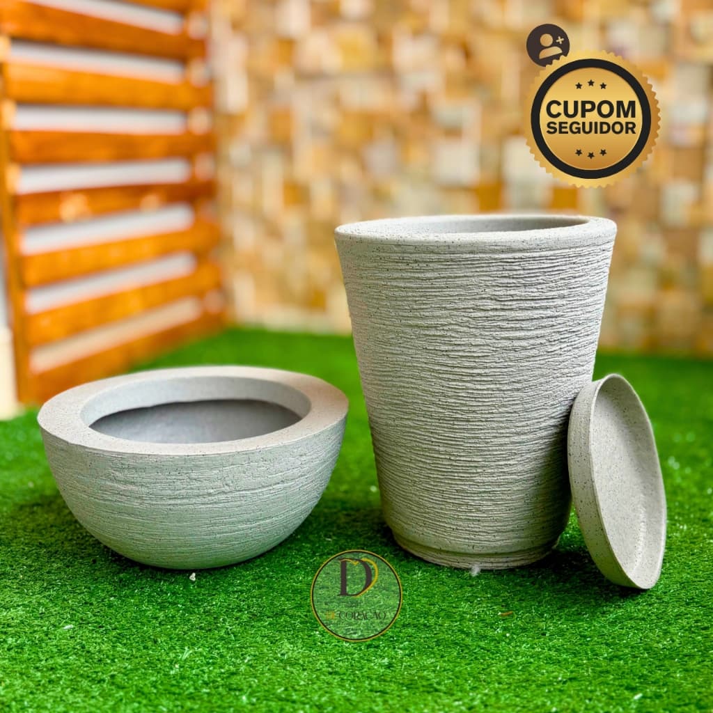 Kit 2 Vasos Decorativos Cone Redondo + Bacia Mini Grafiato N°1 Luxo p/ Sala Jardim Varanda