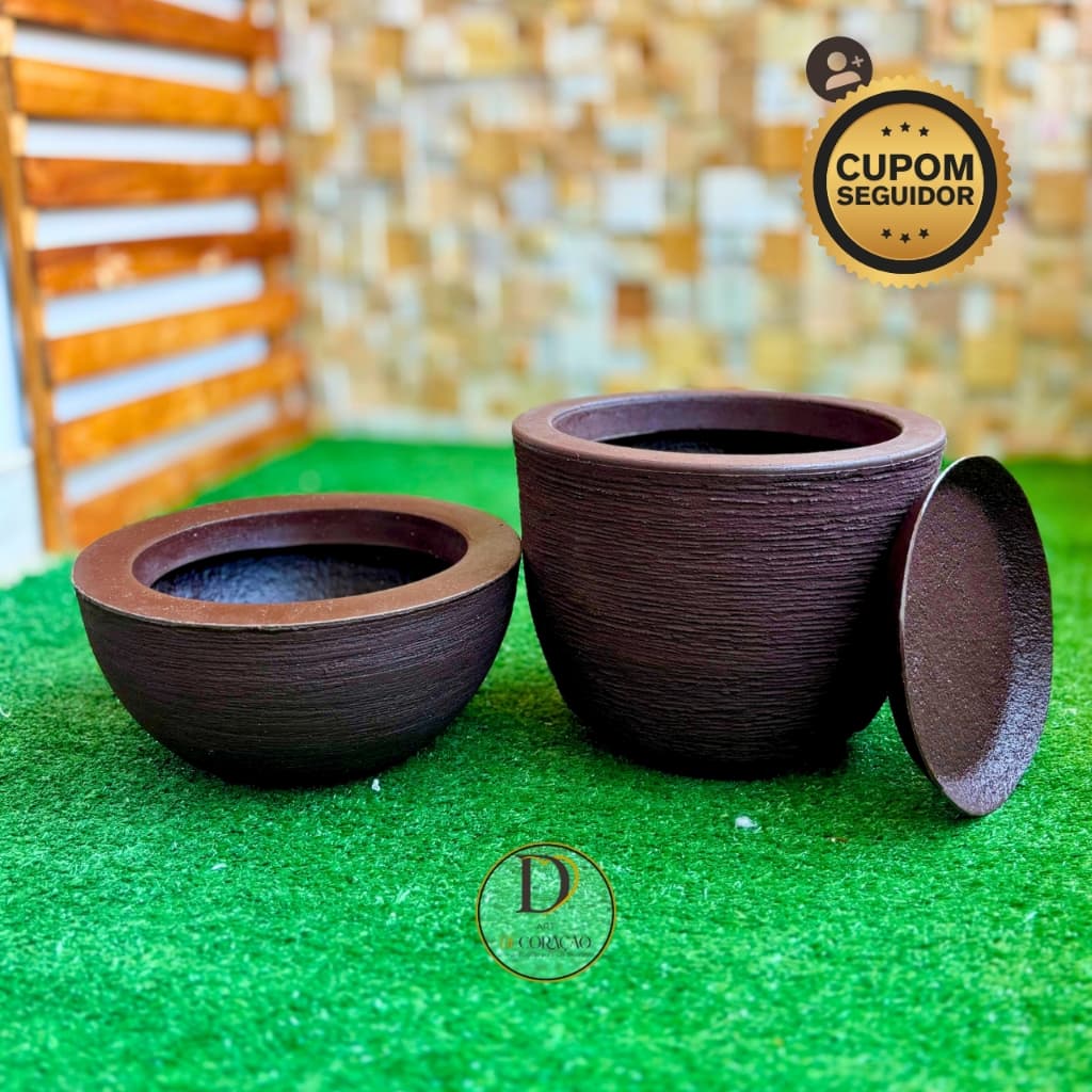 Kit 2 Vasos Decorativos Bojo Redondo + Bacia Mini Grafiato N°1 Luxo p/ Sala Jardim Varanda