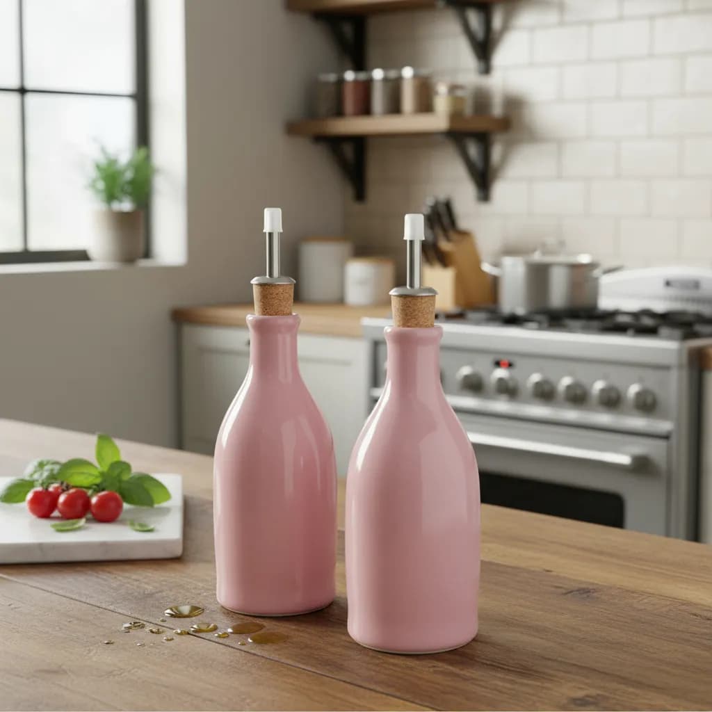 Porta Azeite + Porta Vinagre em Cerâmica Colorida Grande 260ml com Bico Dosador em Inox