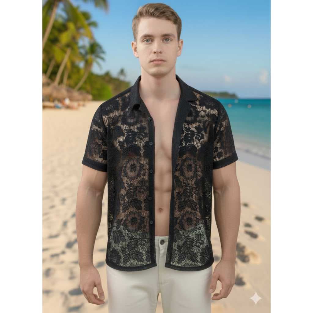 Camisa Masculina de Renda Trabalhada Camiseta Transparente