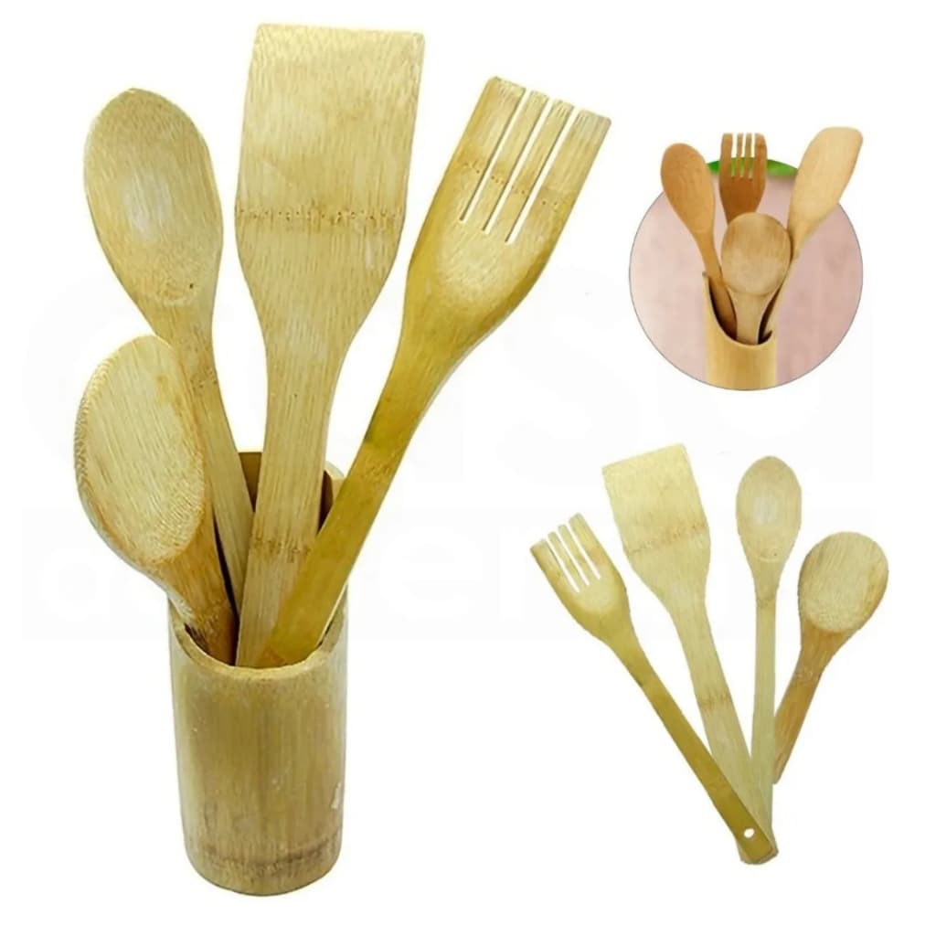 Kit Utensílios Bambu 5 Peças Cozinha Resistente Eco Natural Conjunto