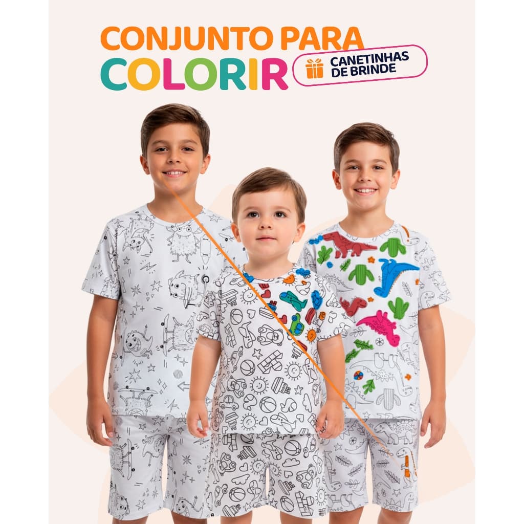Kit de 2 Conjuntos Pijama Infantil Menino de Colorir + Canetinhas Pijama Infantil Masculino