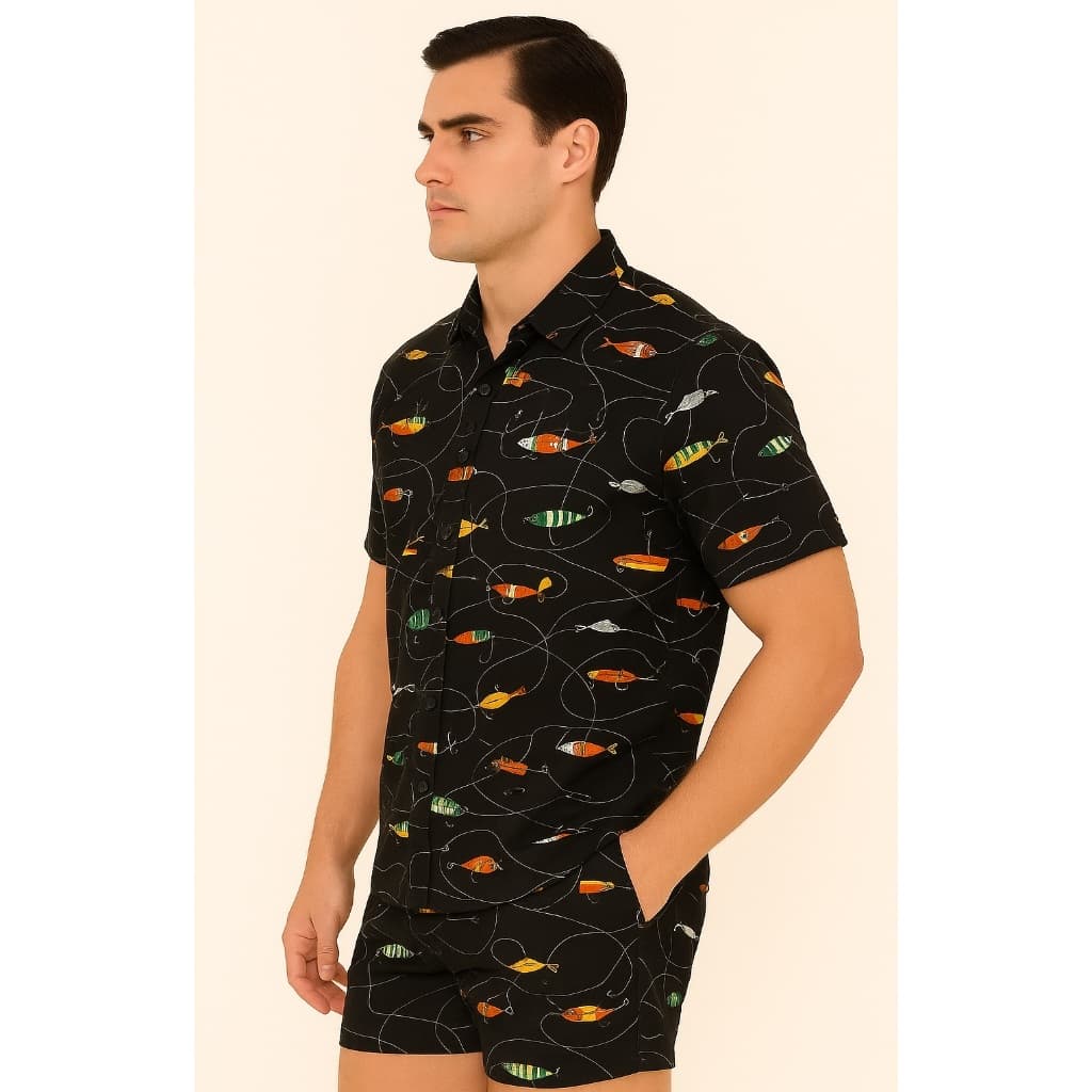 Conjunto Camisa e Short Florido Adulto Masculino Tecido de Viscolinho