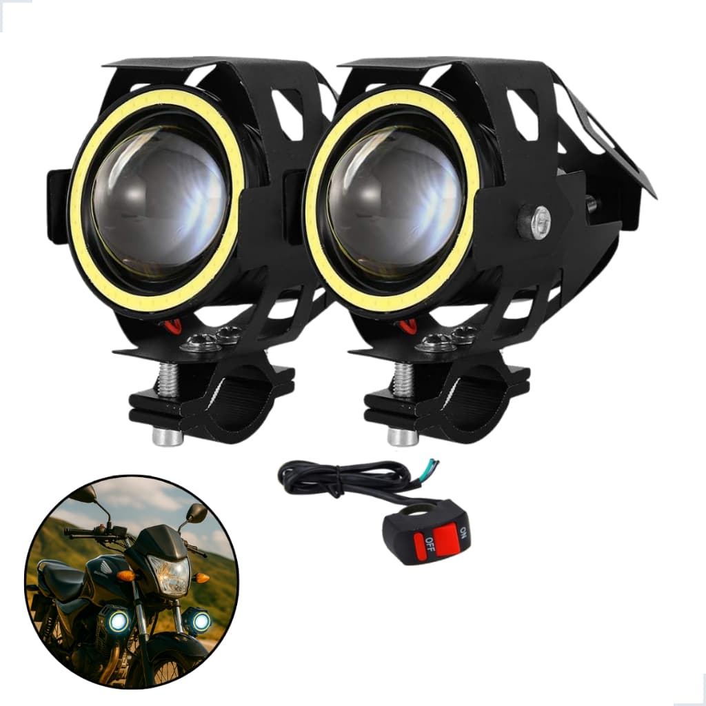 Par Farol Milha Efeito Xenon Auxiliar Neblina Led U7 Moto Carro 3 Estágios Com Estrobo Olho de Anjo