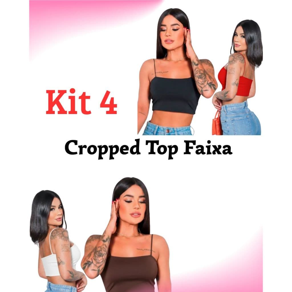Kit 4 Cropped Feminino Top Faixa Alça Fina Elástico Básico Forro Duplo Suplex Premium Dia a Dia